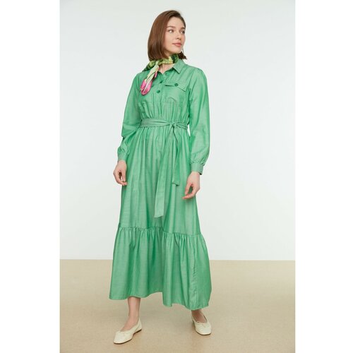 Trendyol Green Belted Shirt Collar Pocket Detailed Woven Dress Slike