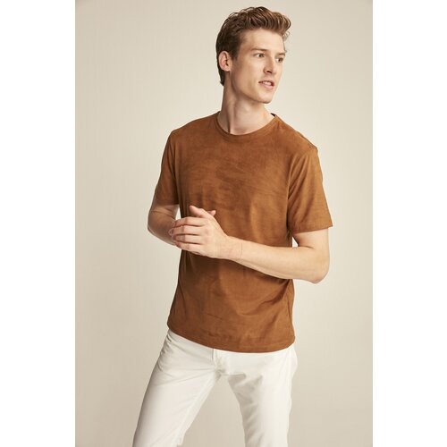 Grimelange ENZO Brown Suede Men&amp;#039;s Basic Slim Fit T-shirt. Slike
