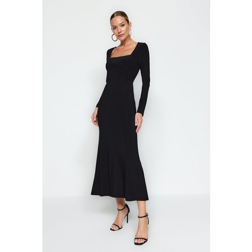 Trendyol Black Flounced Square Neck Fitted Maxi Stretchy Knitted Dress Slike