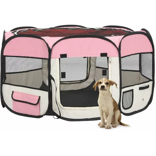 vidaXL Zložljiva pasja ograjica s torbo roza 125x125x61 cm