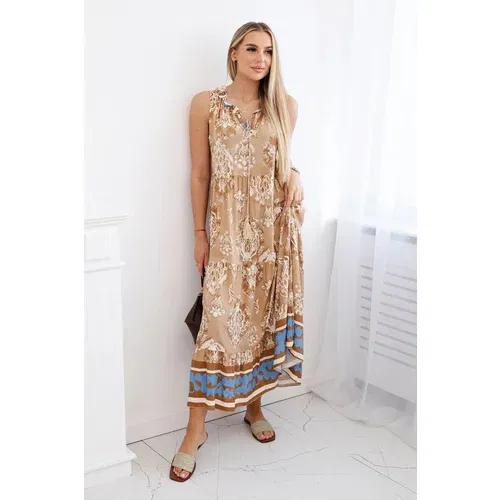 Kesi Women's viscose dress with decorative print - camel beige