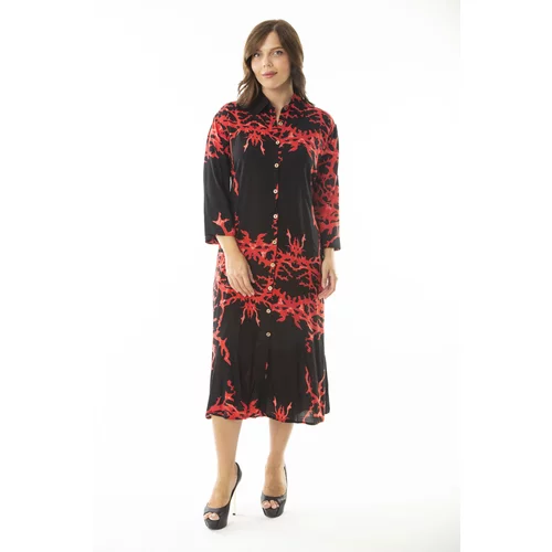 Şans Women's Plus Size Red Woven Viscose Fabric Front Length Buttoned Long Sleeve Dress