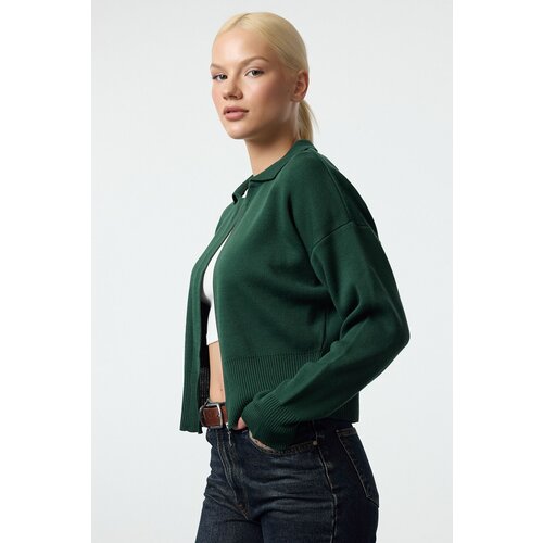 Trendyol Emerald Green Polo Collar Zipper Detailed Knitwear Cardigan Cene