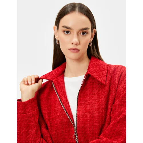 Koton Tweed Bomber Jacket with Zipper Pockets Cuff Collar