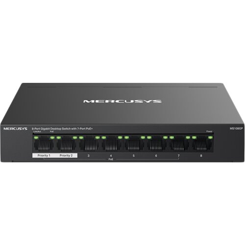 Mercusys 8-Port Gigabit Desktop Switch with 7-Port PoE+ PORT: 7&times; Gigabit PoE+ Ports, 1&times; Gigabit Non-PoE PortsSPEC: Compatible with 802.3af/at PDs, 65 W PoE Power, Desktop Steel Case, Wall MountingFEAT Cijene