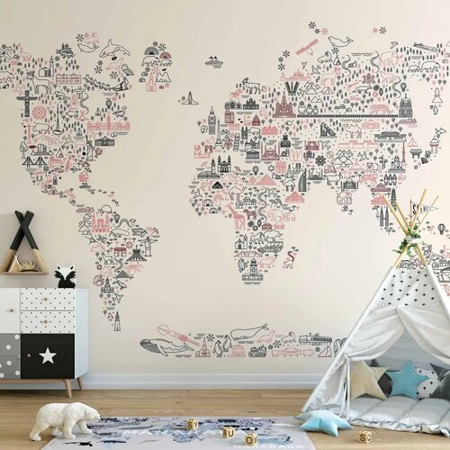  Foto tapeta - Map With Icons - Cartoon Representation of the World in Pastel Colours 400x280 Standard Cene