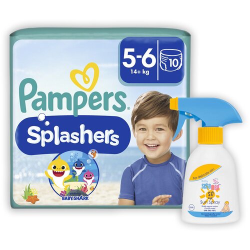 Pampers, Seba pampers splashers pelene za kupanje, veličina 5-6, 14+ kg, 10 komada + seba sun baby sprej, spf 50, 200ml Slike