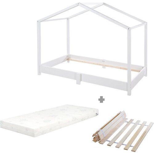 Roba Bijeli dječji krevet od masivnog drveta u obliku kućice s madracem/s podnicom 70x140 cm – Cijene