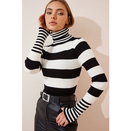 Happiness İstanbul Women's Black and White Turtleneck Striped Sweater Blouse Slike
