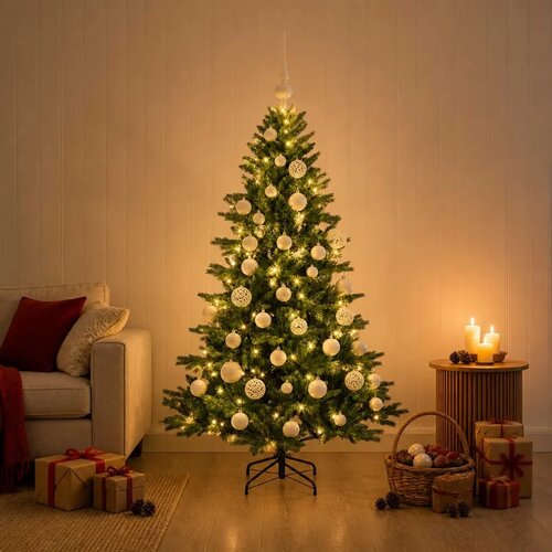  Umjetno božićno drvce s kuglicom 120 cm 150 LED lampica - 120 cm s LED žaruljama i bijelim kuglicama Slike