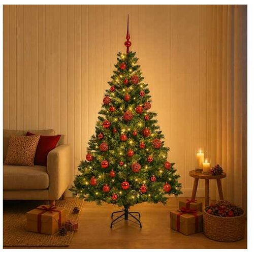 VidaXL Umjetno božićno drvce s kuglicama 150 cm 150 LED lampica - Zelena 150 cm s LED-ima i crvenim lopticama Slike