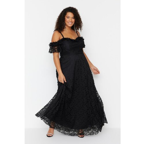 Trendyol Curve Black Sleeves Lace Embroidered Dress Slike