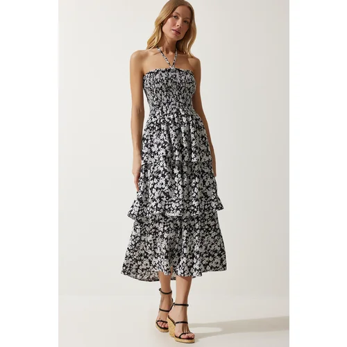  Women's Black Floral Flounce Summer Viscose Dress