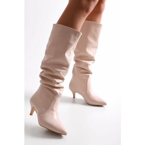 Shoeberry Women's Verda Beige Skin Bellows Heeled Boots Beige Skin Slike