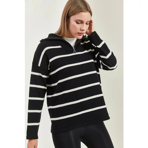 Bianco Lucci Women's Turtleneck Zipper Striped Knitwear Sweater