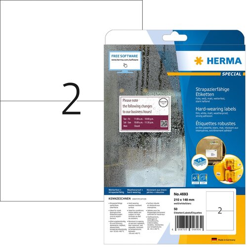  HERMA Labels hard-wearing A4 210x148 mm white strong adhesion film matt weatherproof 50 pcs. Cijene