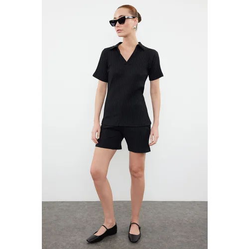 Trendyol Black Polo Neck Short Sleeve Ribbed Stretchy Knitted Bottom-Top Set