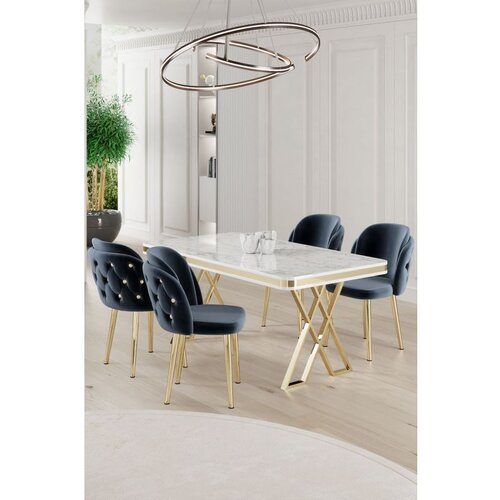 Hanah home Rigel - White, Gold, Anthracite WhiteGoldAnthracite Dining Table & Chairs Set (5 Pieces) Cene