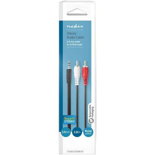 Nedis CAGB22200BK20, stereo audio kabl, 3,5 mm mu&scaron;ki, 2x rca mu&scaron;ki, niklovani, 2,00 m, crni Cene