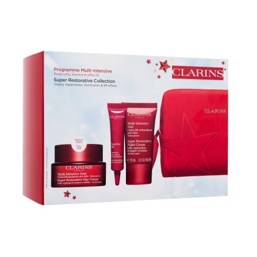 Clarins Super Restorative Collection set: dnevna krema za obraz Super Restorative Day Cream 50 ml + nočna krema za obraz Super Restorative Night Cream 15 ml + krema za okoli oči Total Eye Lift 7 ml + serum za obraz Double Serum 0,9 ml + rdeča kozmetična torbica za ženske Cene