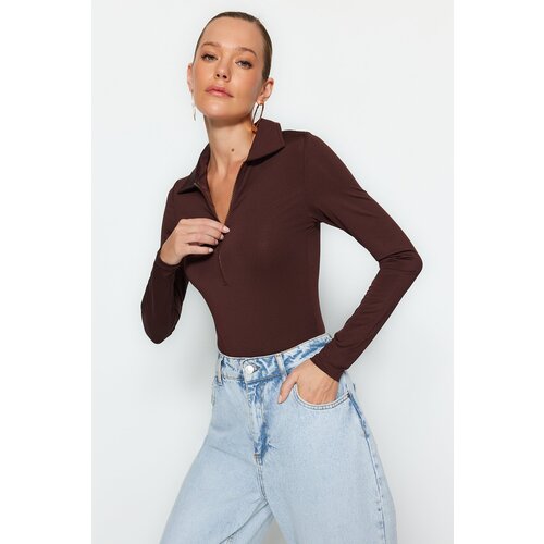 Trendyol Brown Zipper Collar Detail, Snap Snaps at the Bottom, Flexible Knitted Knit Body Slike