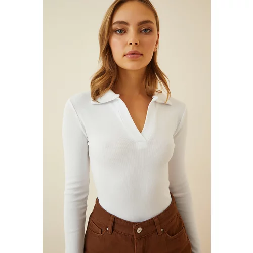 Happiness İstanbul Women's White Polo Neck Corduroy Knitted Blouse