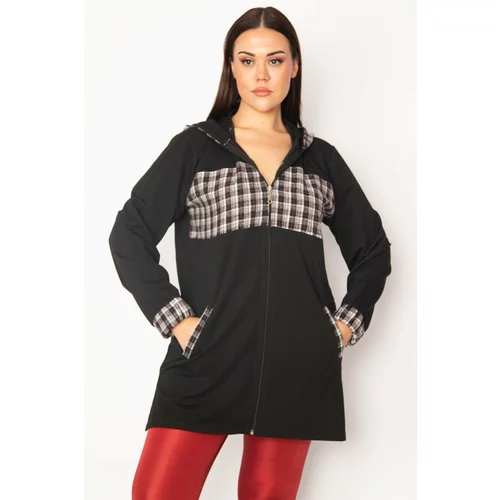 Şans Women's Plus Size Black Plaid Pattern Detailed Hooded Coat
