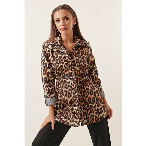 By Saygı Leopard Pattern Sleeve Fold Trench Coat with Pockets Wide Size Range, Brown. Slike