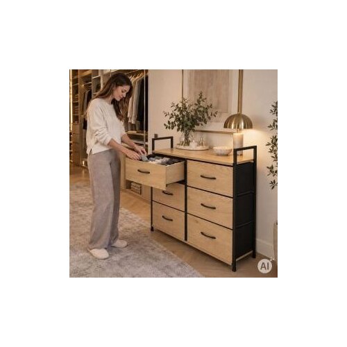 ModernHome GIC-C105-19 &amp;ndash; Komoda sa 6 platnenih ladica, metalni okvir, 87 &amp;times; 24 &amp;times; 80 cm, hrast/crna Slike