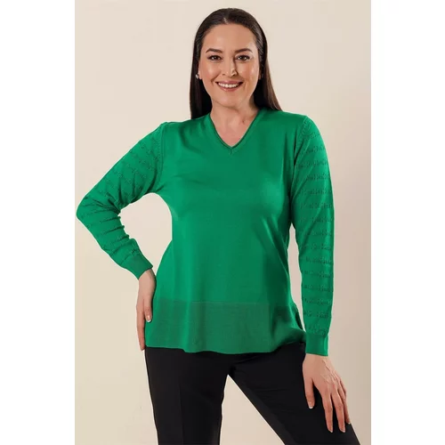 By Saygı V-neck Acrylic Sweater with Sleeves Patterned Plus Size Plus Size Size Sweater Green with slits in the sides.