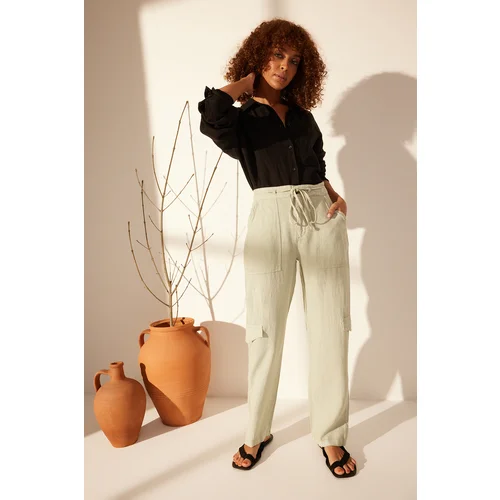 Trendyol Gray 100% Linen Pocket Detailed High Waist Straight Trousers