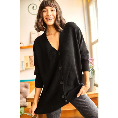 Olalook Women's Black 5-Button Soft Textured Oversize Knitwear Cardigan