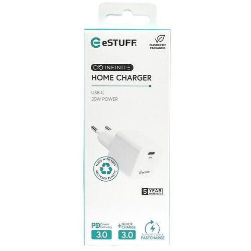 Estuff INFINITE polnilnik USB-C 30W GaN blister, bel, reciklirana plastika, (5000117627) Cene