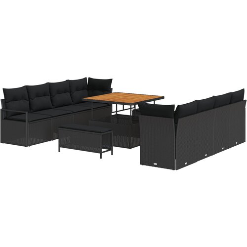 VidaXL 11-dijelni set vrtne sofe s jastučićima crni poli ratan akacija, 2-sjedalo vrtna sofa s odlaganjem i jastučićima crni poli ratan, 3-dijelni vrtni set za objedovanje s jastučićima crni poli ratan akacija Slike