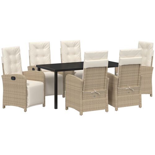 VidaXL 7-dijelni vrtni set za objedovanje s jastucima bež poli ratan, vrtni stol crn 160x80x73 cm kaljeno staklo Slike