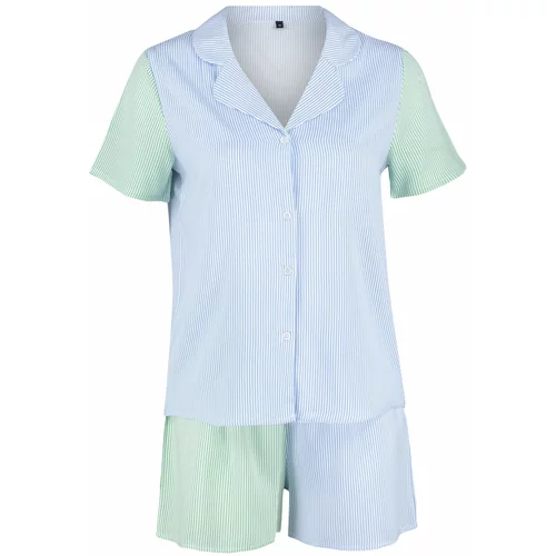 Trendyol Blue-Green 2 Patterned Striped Viscose Woven Pajamas Set