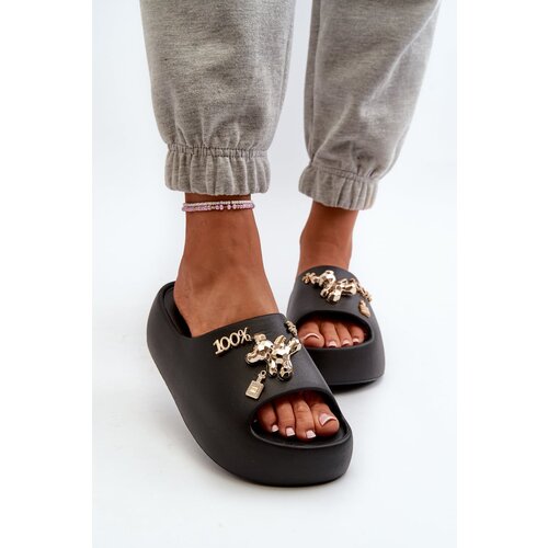 PS1 Women's Lightweight Foam Slides with Decorations Black Orchia Cene