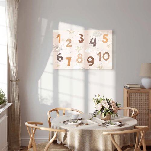  Slika - Jumping Numbers - Numbers in a Subdued Beige-Brown Hue Among Snowflakes Stars and Clouds 90x60 Na talijanskom platnu Slike
