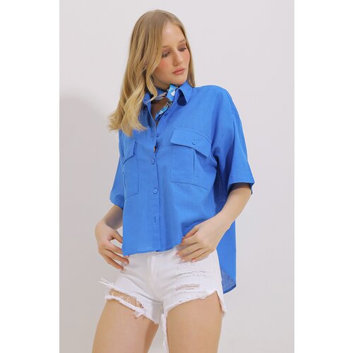 Trend Alaçatı Stili Women's Saxe Blue Double Pocket Half Sleeve Linen Shirt Cene