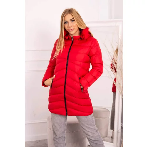 Kesi Quilted winter jacket with a hood and fur red