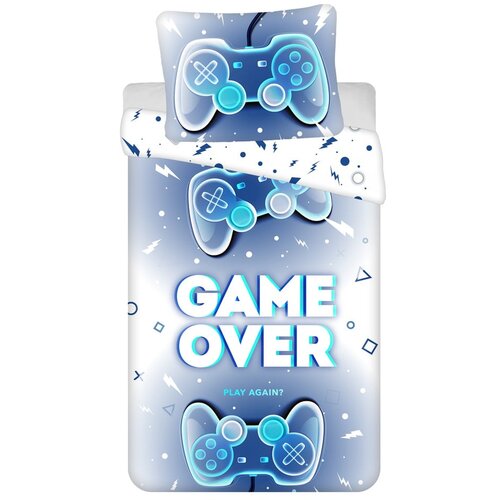 Jerry Fabrics Bela/modra enojna bombažna otro&amp;scaron;ka posteljnina 140x200 cm Game over &amp;ndash; Slike
