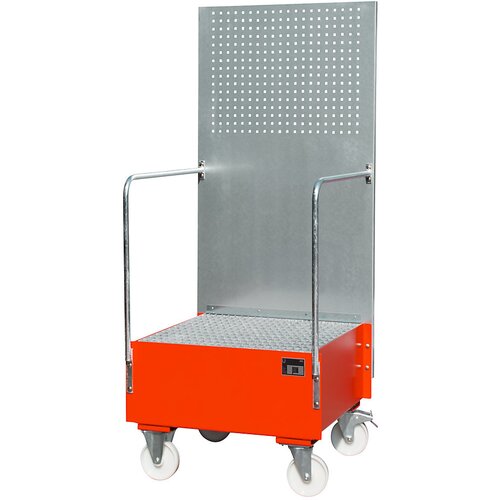 eurokraft pro Pomična prestrezna kadica s ploščo z luknjami, 1 x 200-l stoječ sod, DxŠxV 870 x 890 x 2110 mm, ognjeno rdeče barve Cene