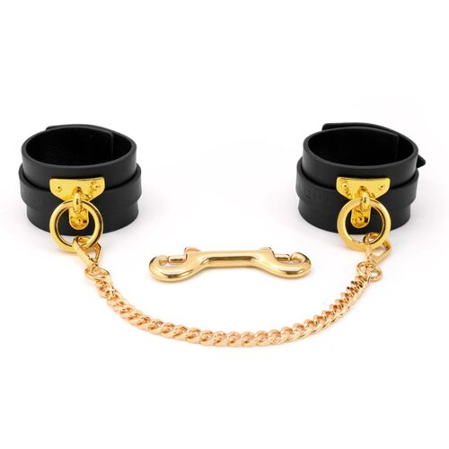 SuperLove Deluxe Leather Handcuffs Black-Gold Cene