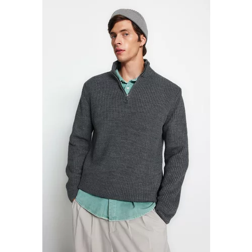 Trendyol Men's Dark Gray Regular Fit Half Turtleneck Zipper Collar Sweater