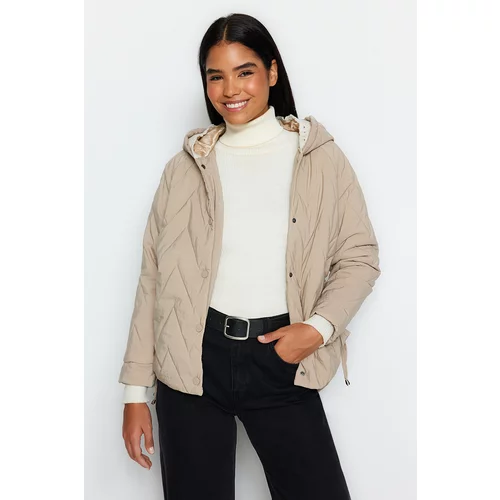 Trendyol Beige Oversized Hoodie with Rib Detail, Water-Repellent Quilted Inflatable Coat