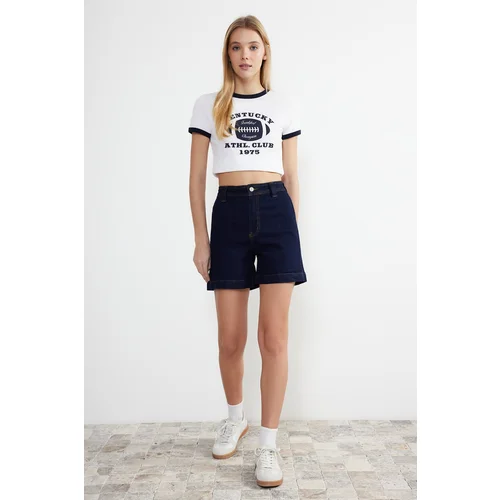 Trendyol Blue Fitted Stitching Detailed High Waist Denim Shorts