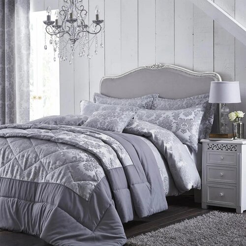 Catherine Lansfield Siva posteljina za bračni krevet/za produženi krevet od damasta 230x220 cm Damask Jacquard &amp;ndash; Slike