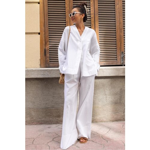 Laluvia White Linen Double Cuff Trousers Shirt Suit Slike