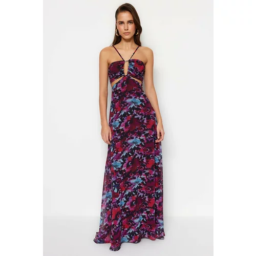 Trendyol Chiffon Print Evening Dress With Multicolored Lining Window/Cut Out Detailed