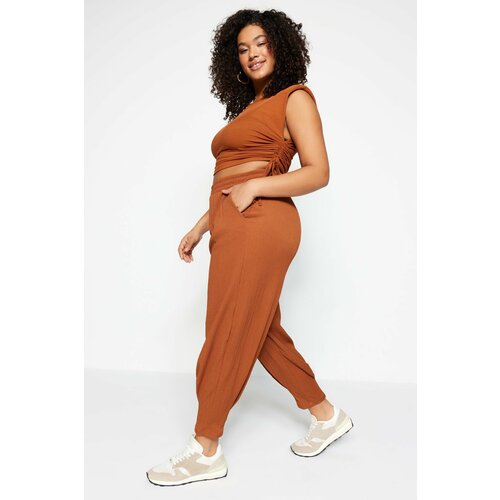 Trendyol curve plus size pants - brown - carrot pants Slike